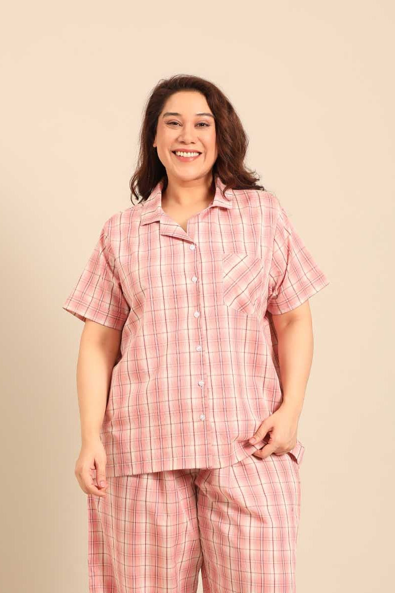 Pink Check Women's Cotton Shirt- Half Sleeves