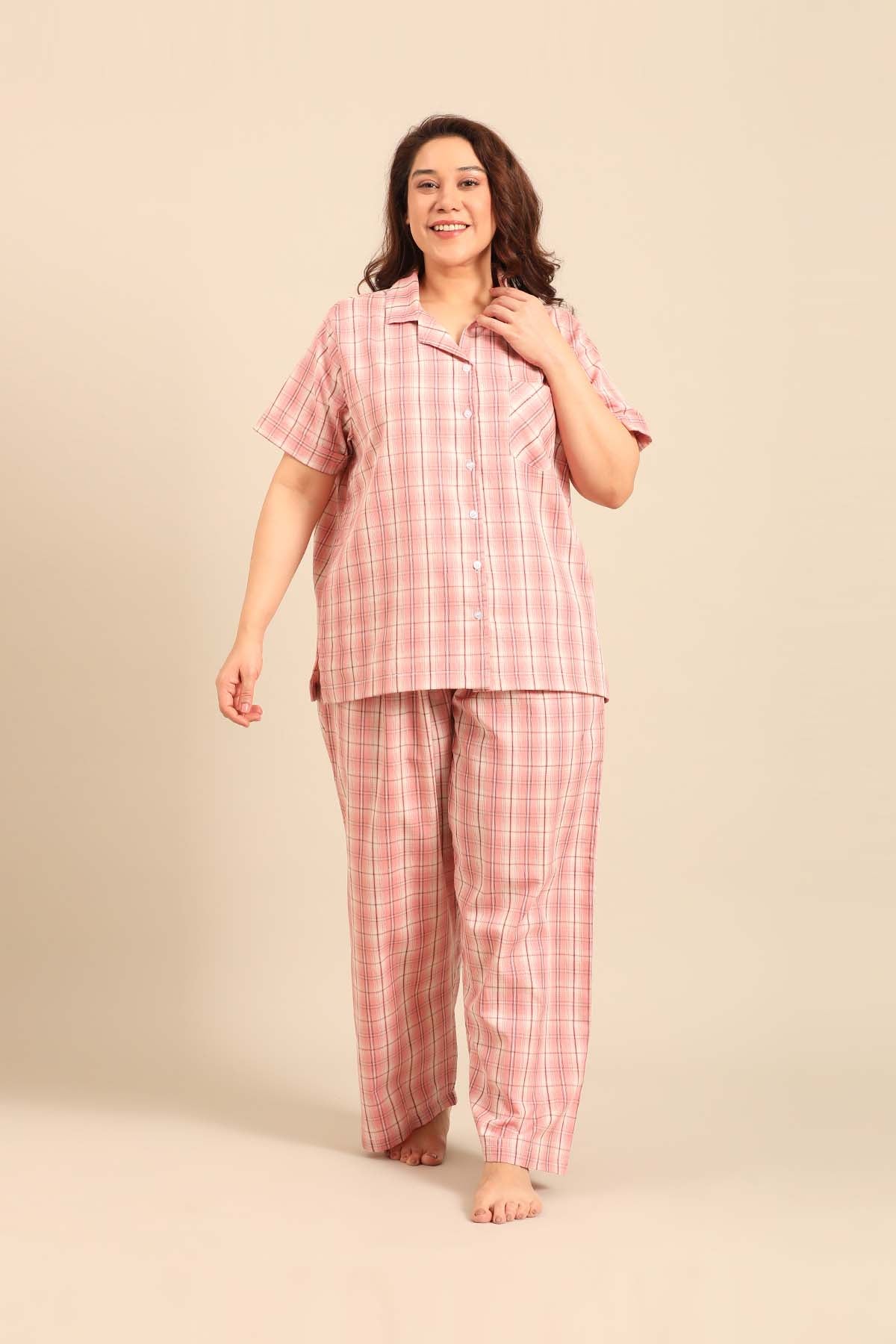 Pink Check Cotton Blend Women's Curve Pajama Set- Half Sleeves