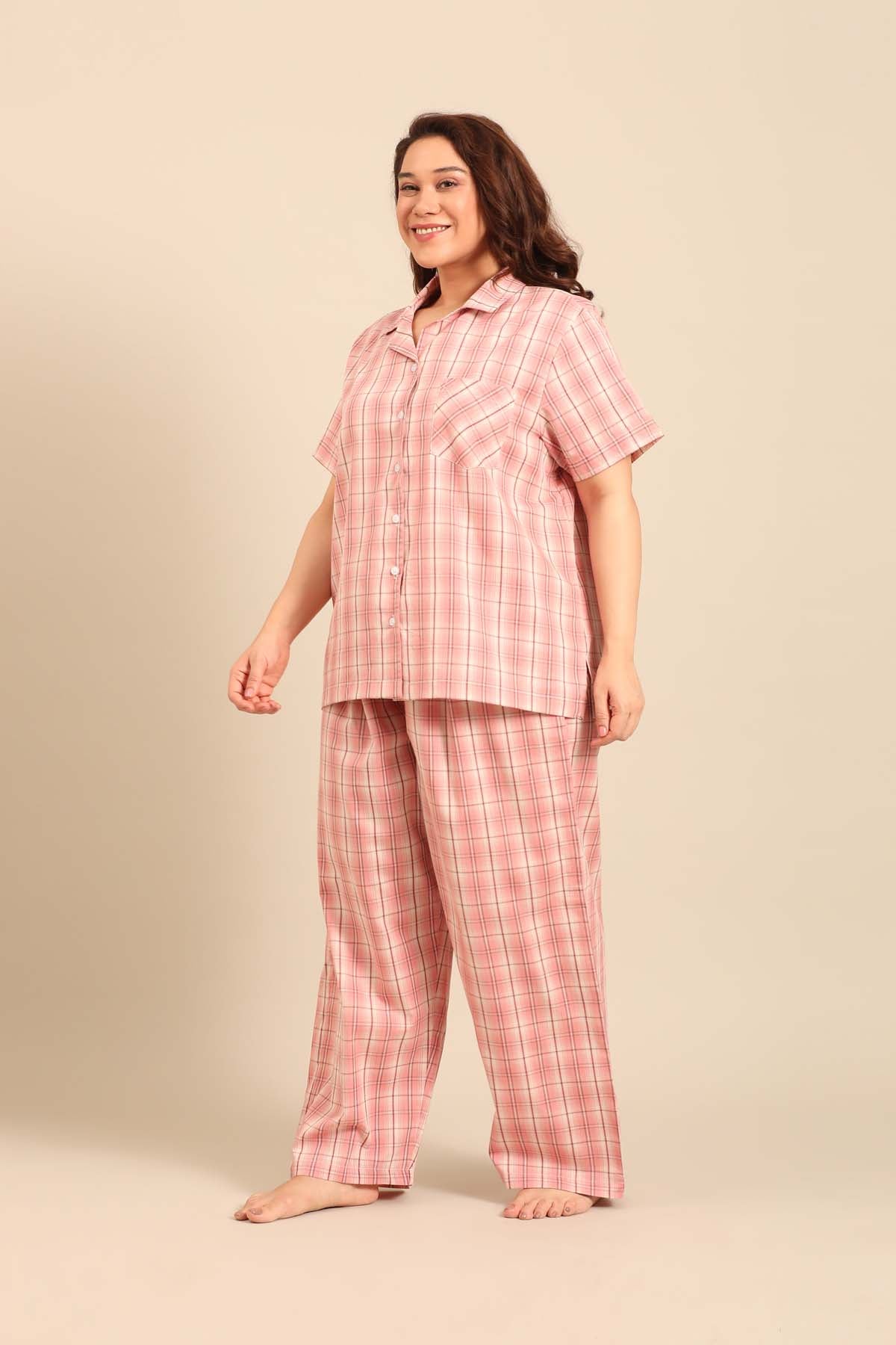 Pink Check Cotton Blend Women's Curve Pajama Set- Half Sleeves