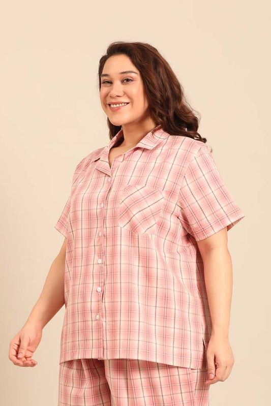 Pink Check Women's Cotton Shirt- Half Sleeves