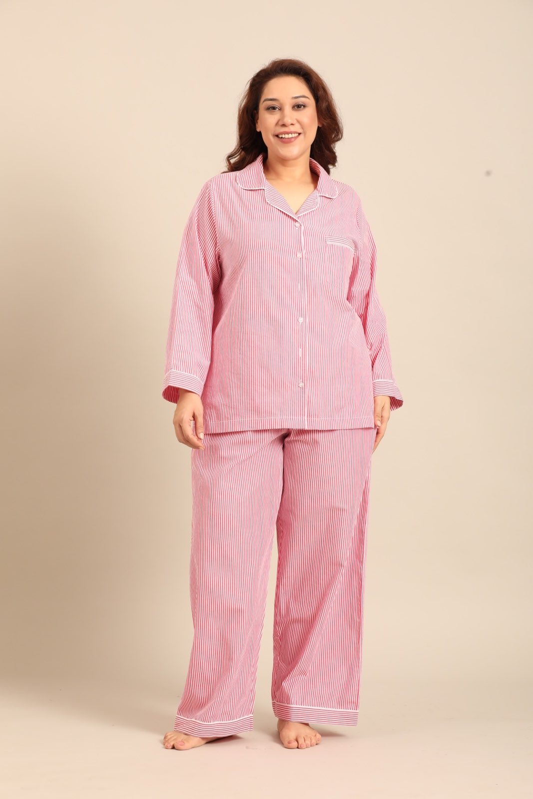 Sienna Red Pinstripe Cotton Women's Curve Pajama Set - Full Sleeves