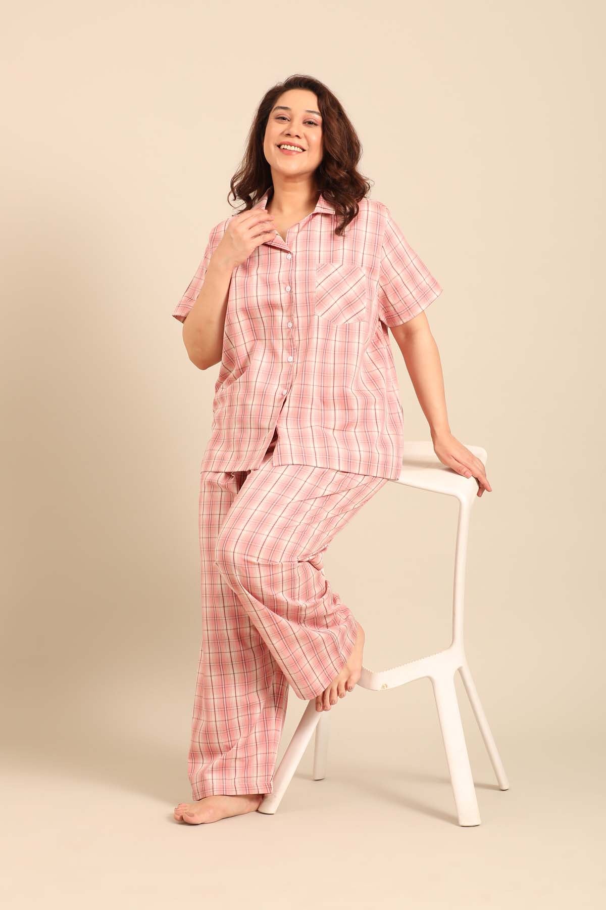Pink Check Cotton Blend Women's Curve Pajama Set- Half Sleeves