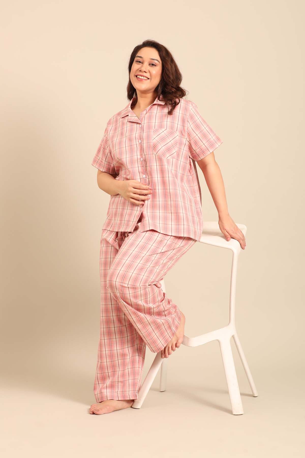 Pink Check Cotton Blend Women's Curve Pajama Set- Half Sleeves
