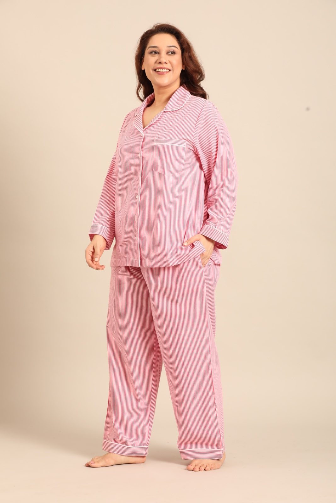 Sienna Red Pinstripe Cotton Women's Curve Pajama Set - Full Sleeves