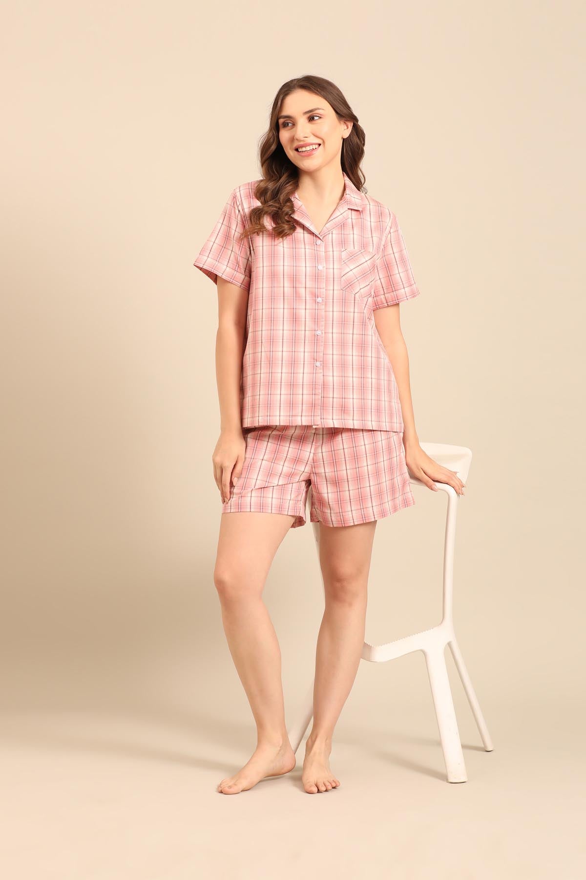 Pink Check Cotton Blend Women's Shorts Set - Half Sleeves