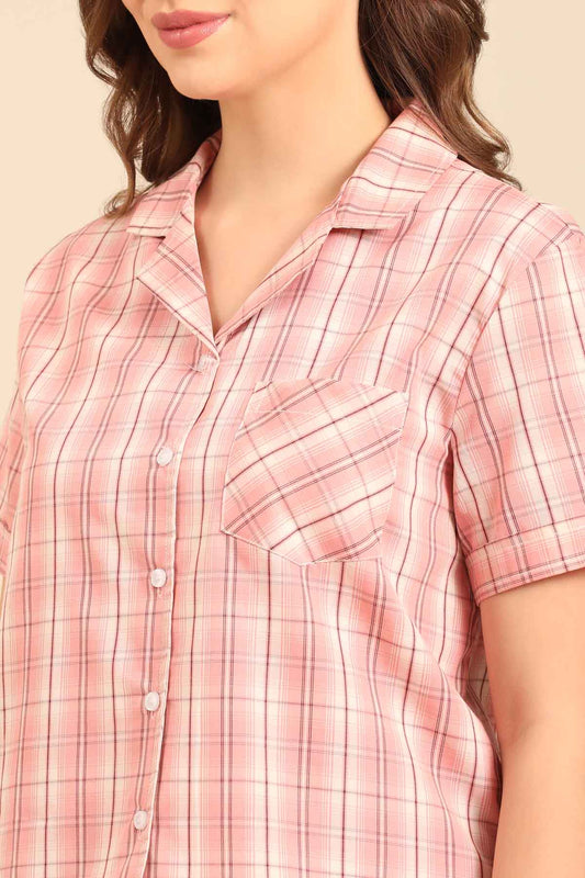 Pink Check Cotton Blend Women's Shorts Set - Half Sleeves