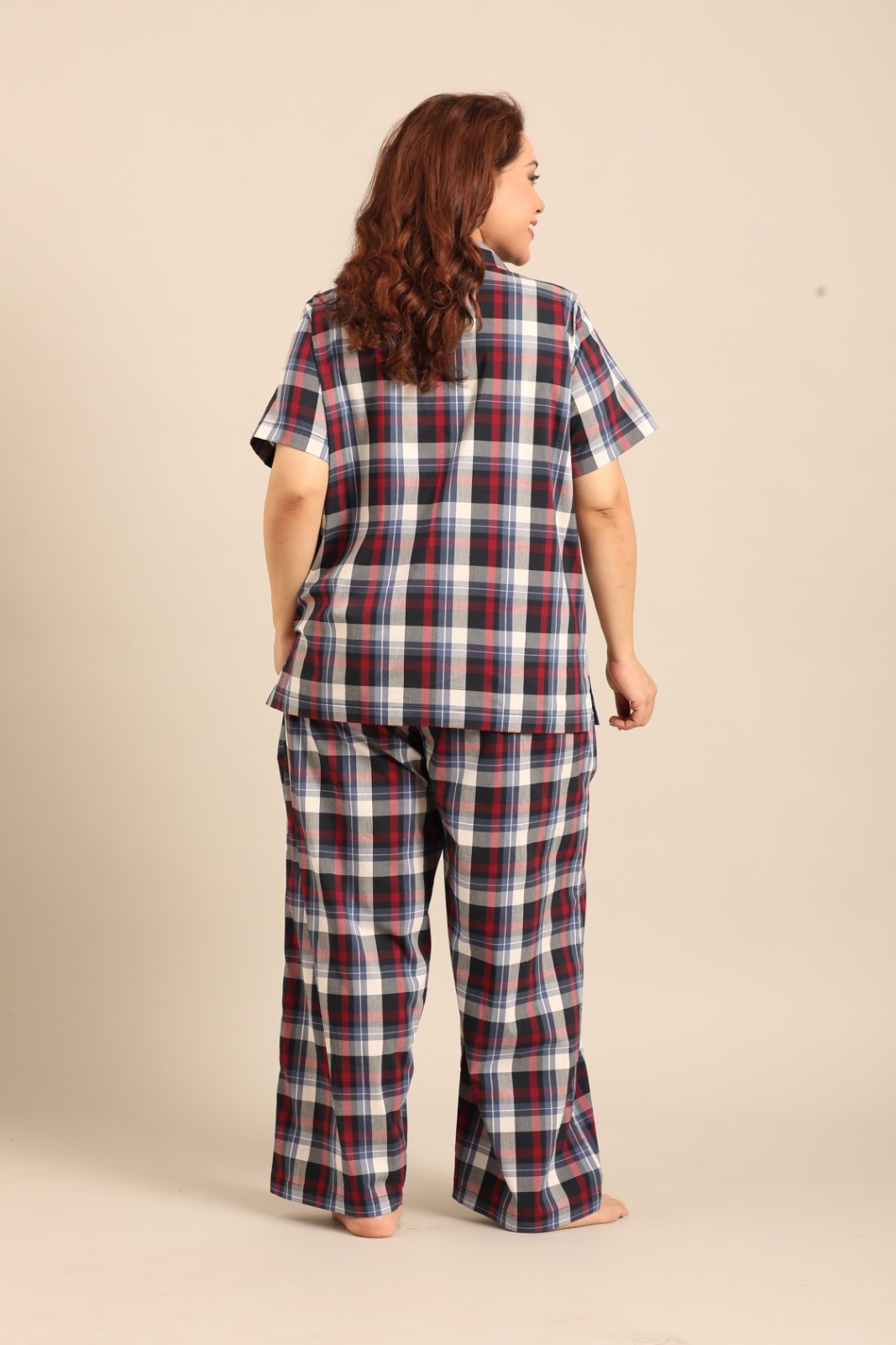 Leah Check Cotton Blend Women's Curve Pajama Set - Half Sleeves