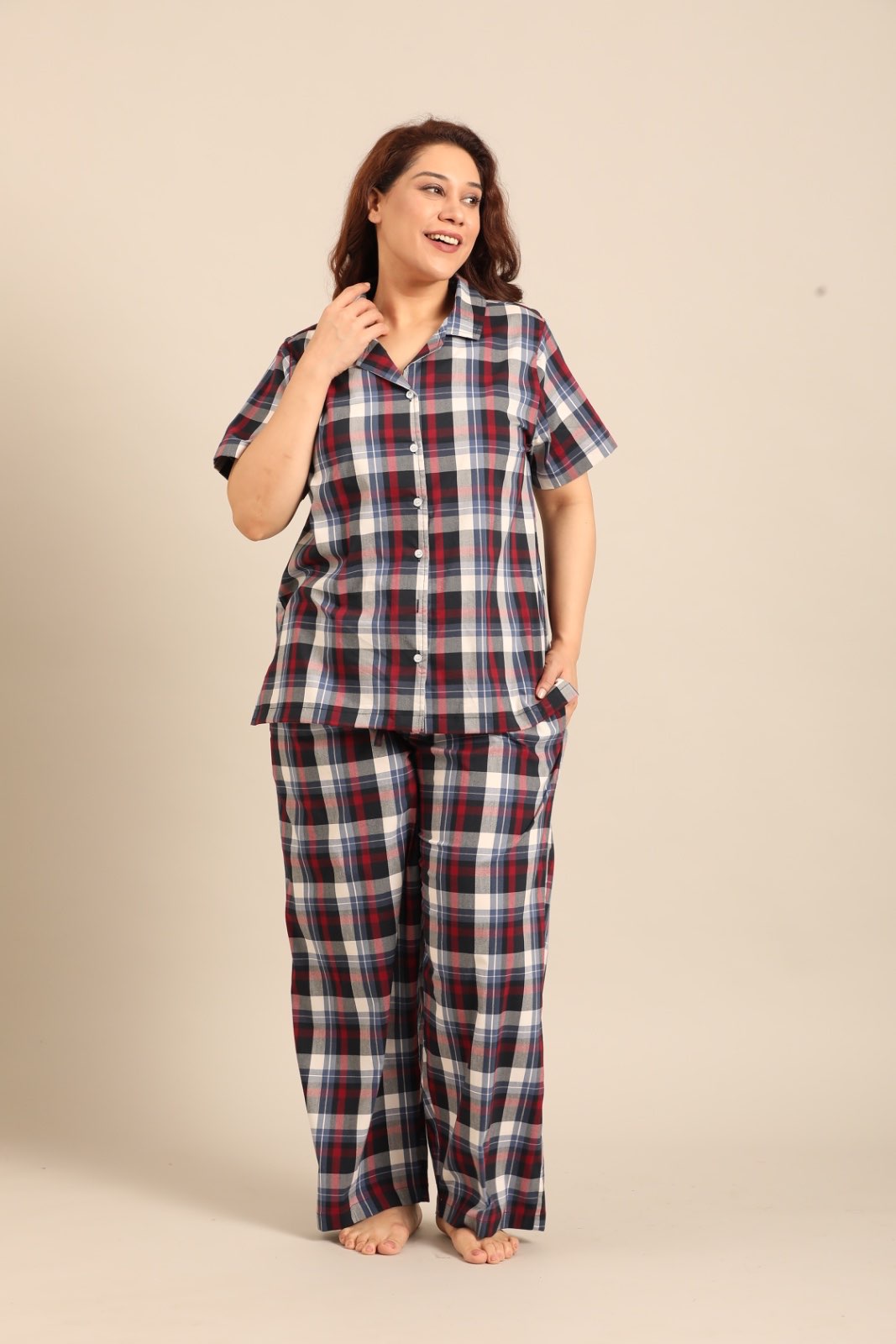 Leah Check Cotton Blend Women's Curve Pajama Set - Half Sleeves