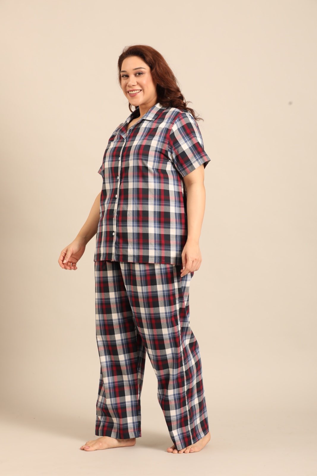 Leah Check Cotton Blend Women's Curve Pajama Set - Half Sleeves
