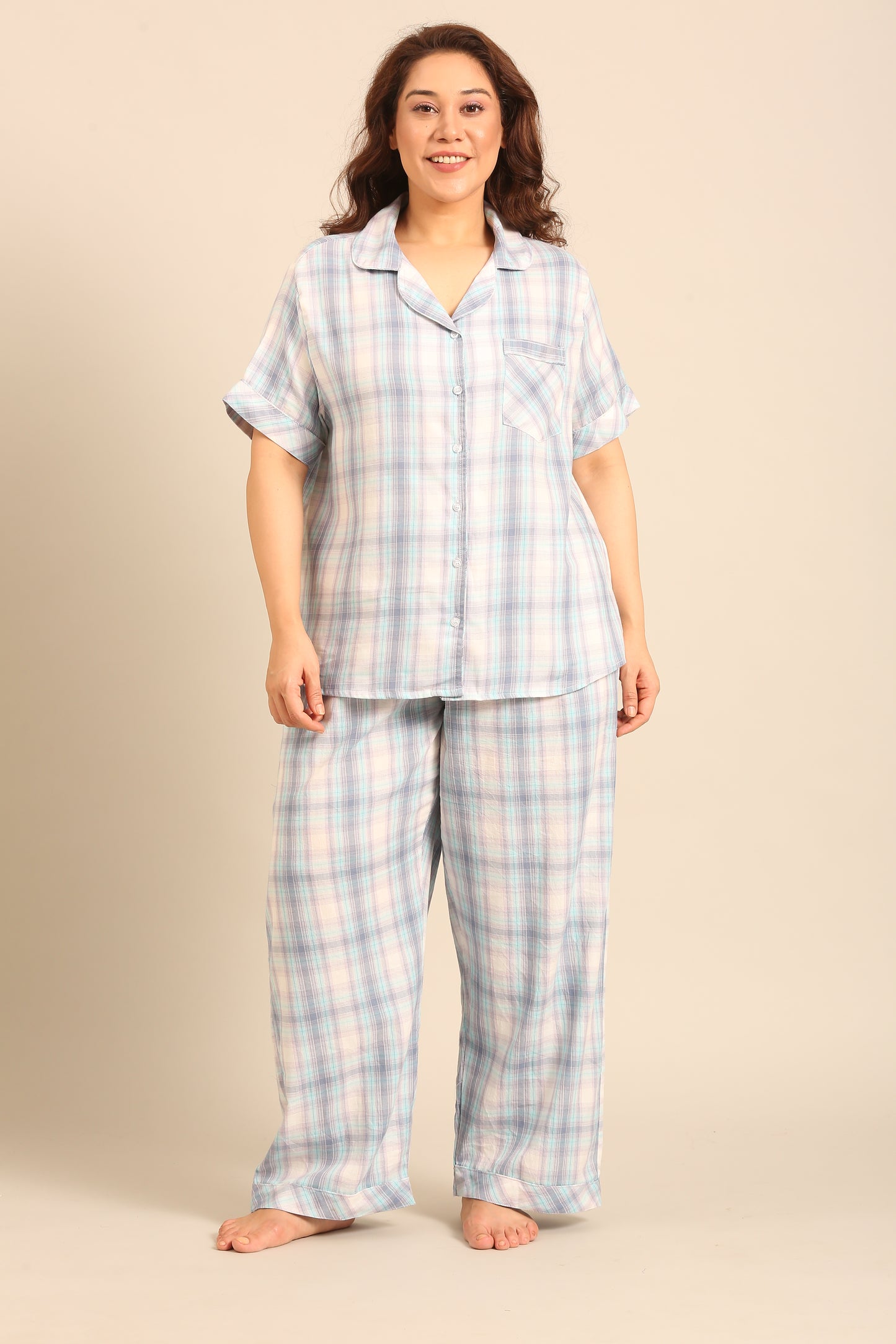 Serena Check Cotton Women's Curve Pajama Set - Half Sleeves
