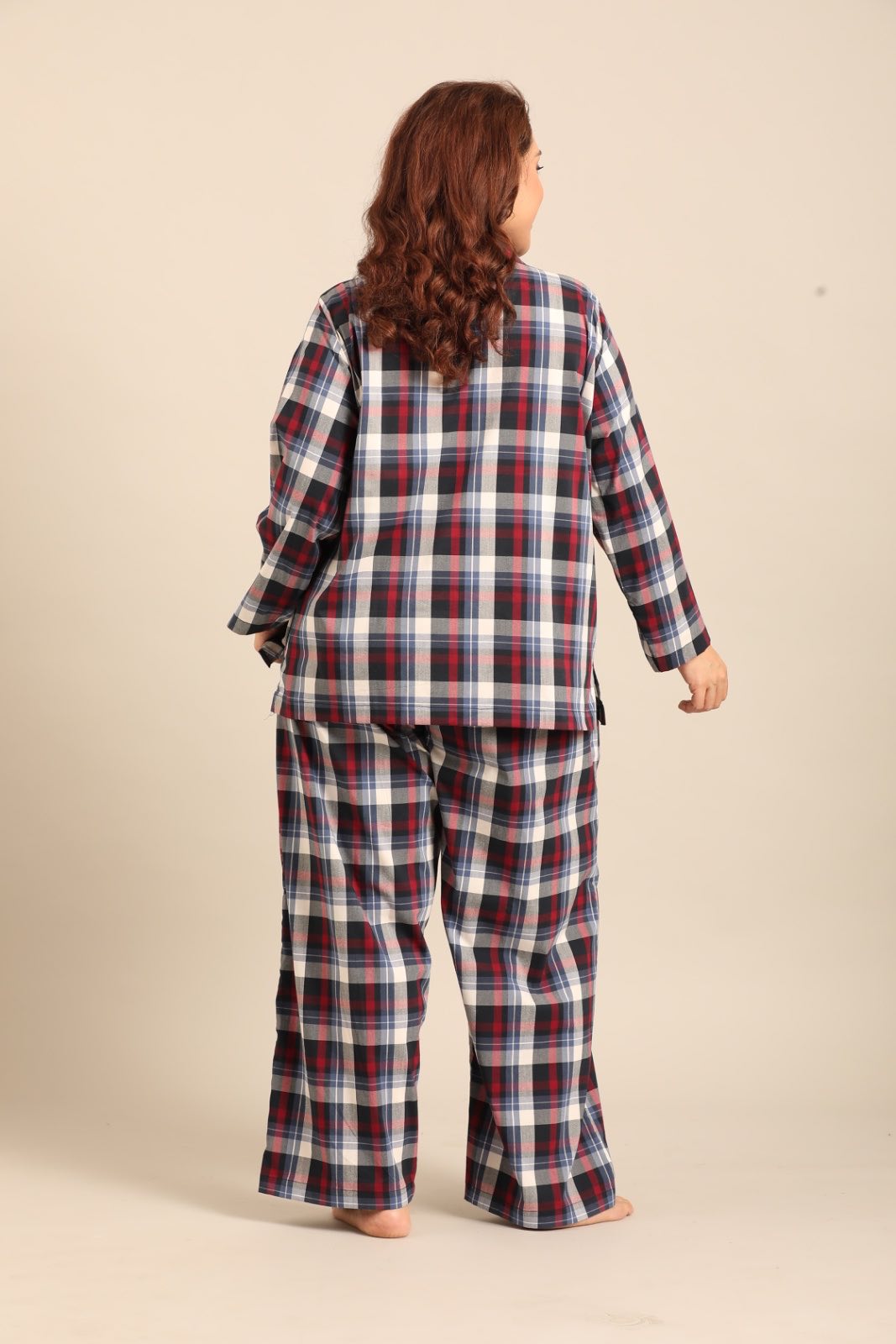 Leah Check Cotton Blend Women's Curve Pajama Set - Full Sleeves