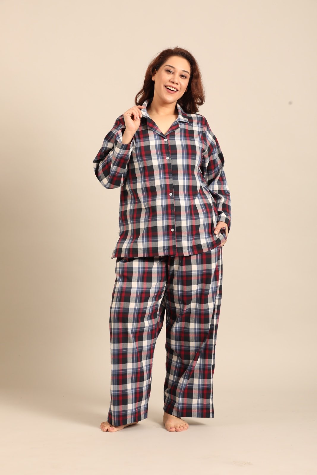Leah Check Cotton Blend Women's Curve Pajama Set - Full Sleeves