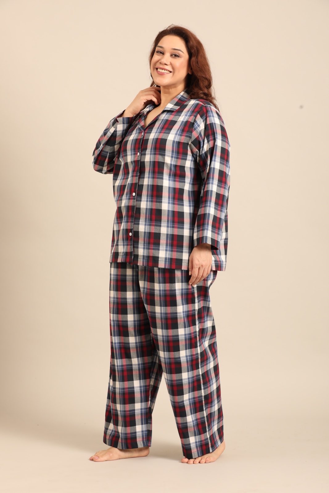 Leah Check Cotton Blend Women's Curve Pajama Set - Full Sleeves