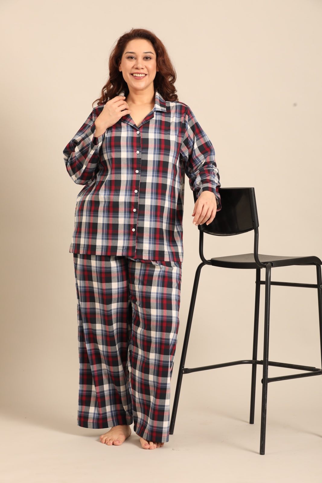 Leah Check Cotton Blend Women's Curve Pajama Set - Full Sleeves