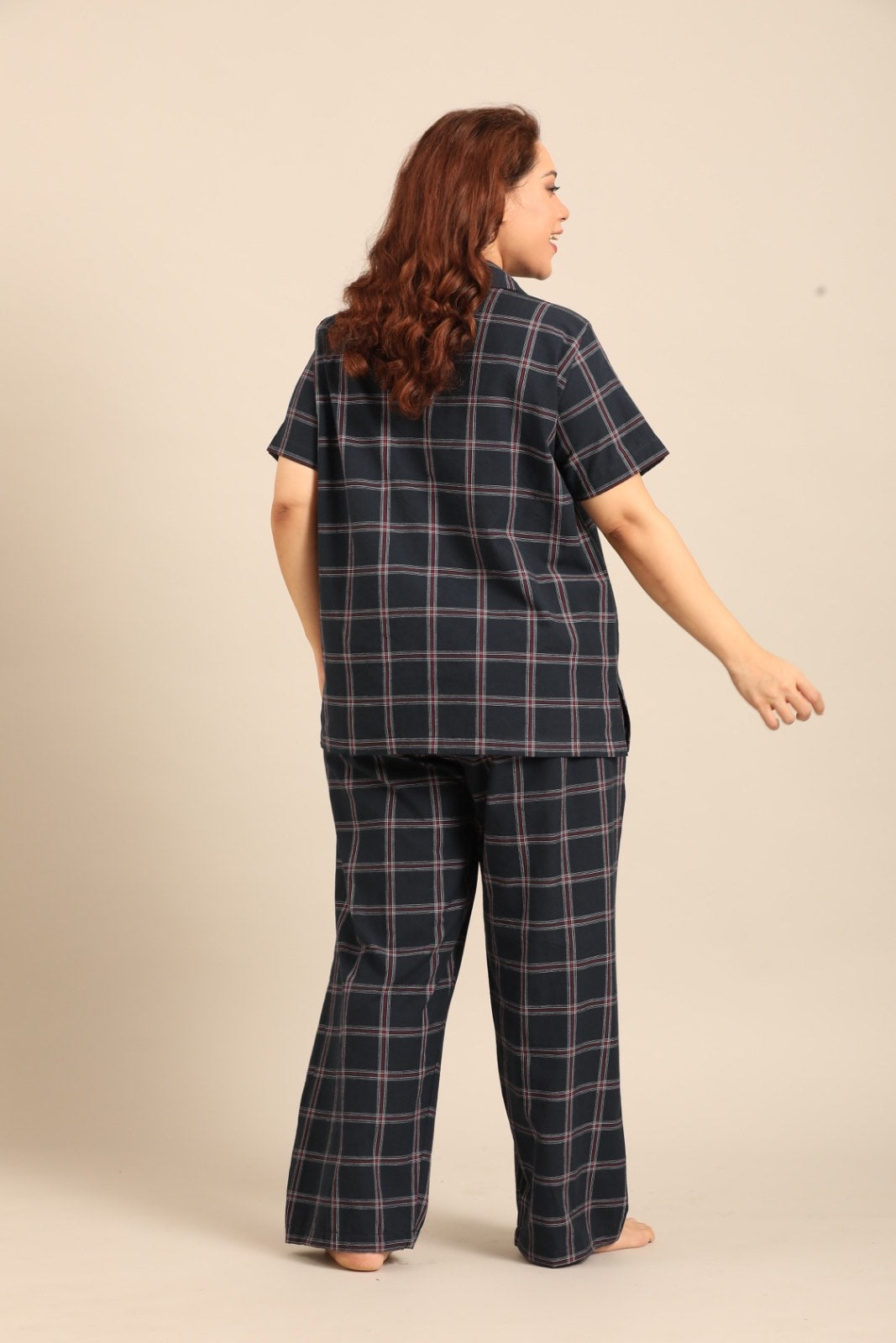 Amelia Check Cotton Blend Women's Curve Pajama Set - Half Sleeves