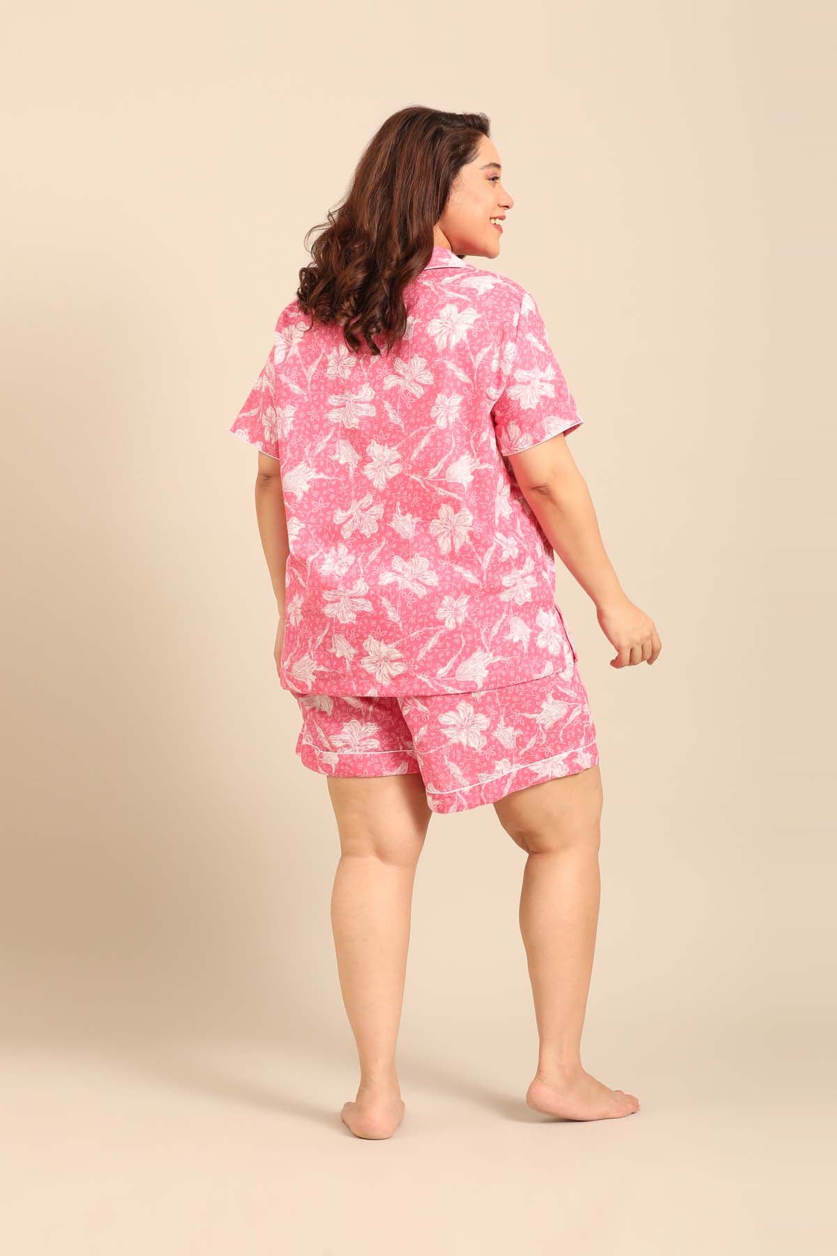 Daisy Floral Cotton Women's Curve Shorts Set - Half Sleeves