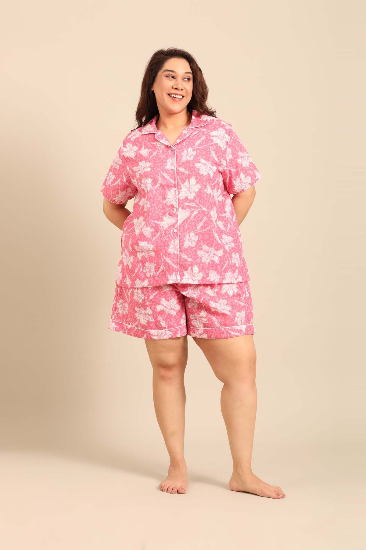 Daisy Floral Cotton Women's Curve Shorts Set - Half Sleeves
