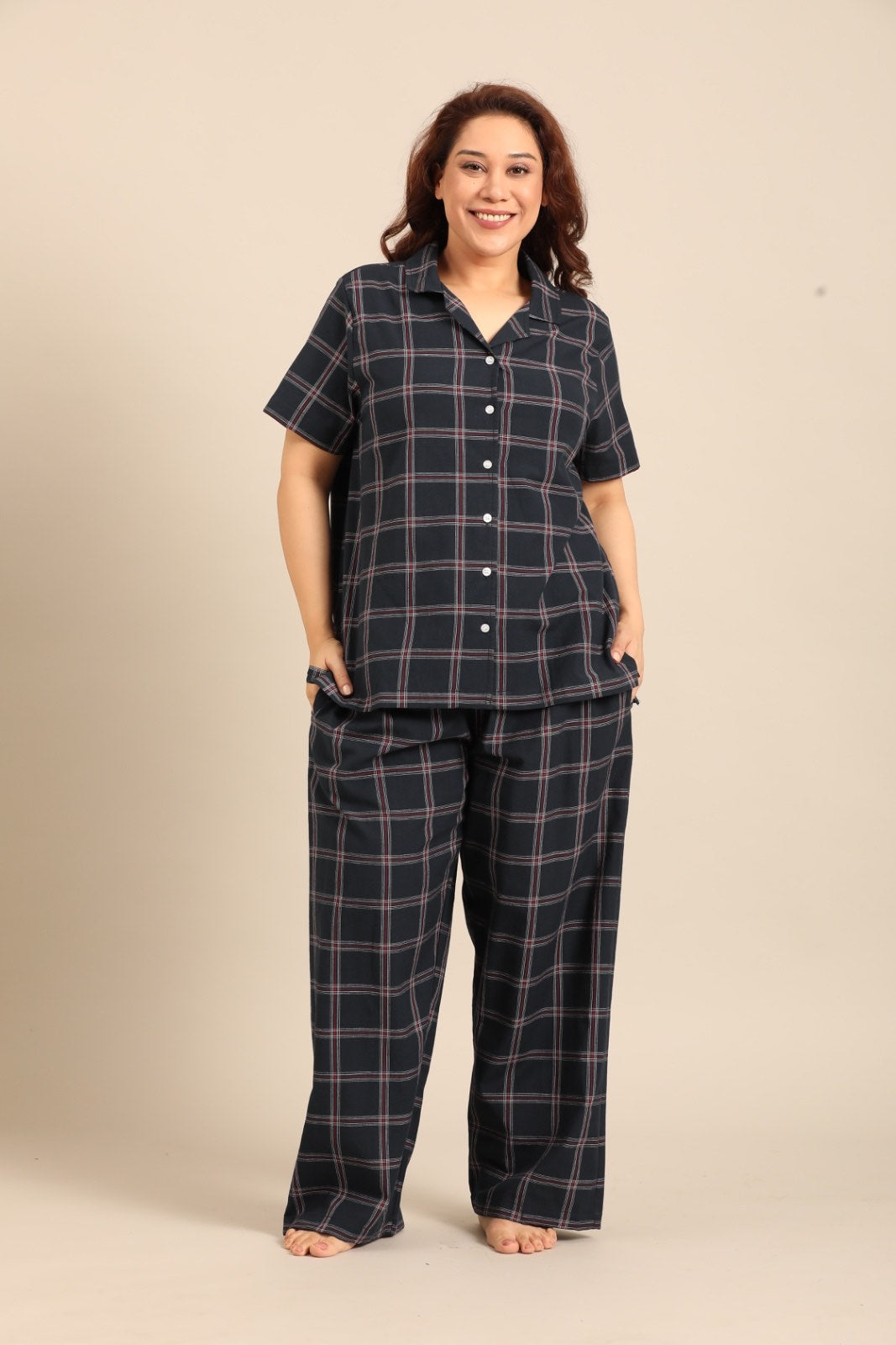 Amelia Check Cotton Blend Women's Curve Pajama Set - Half Sleeves