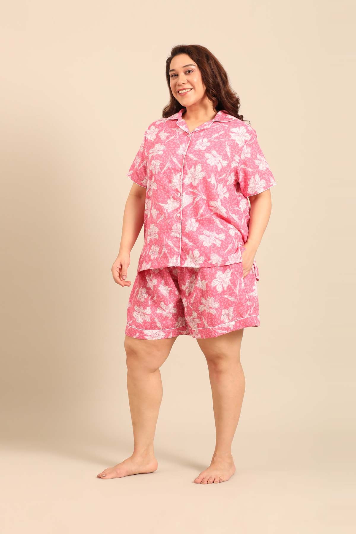Daisy Floral Cotton Women's Curve Shorts Set - Half Sleeves