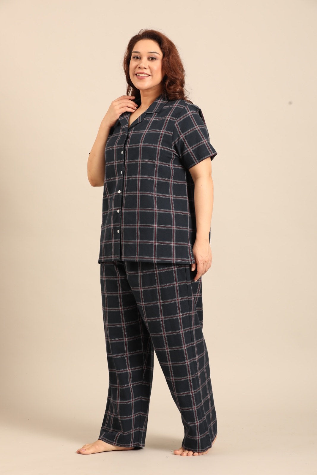 Amelia Check Cotton Blend Women's Curve Pajama Set - Half Sleeves