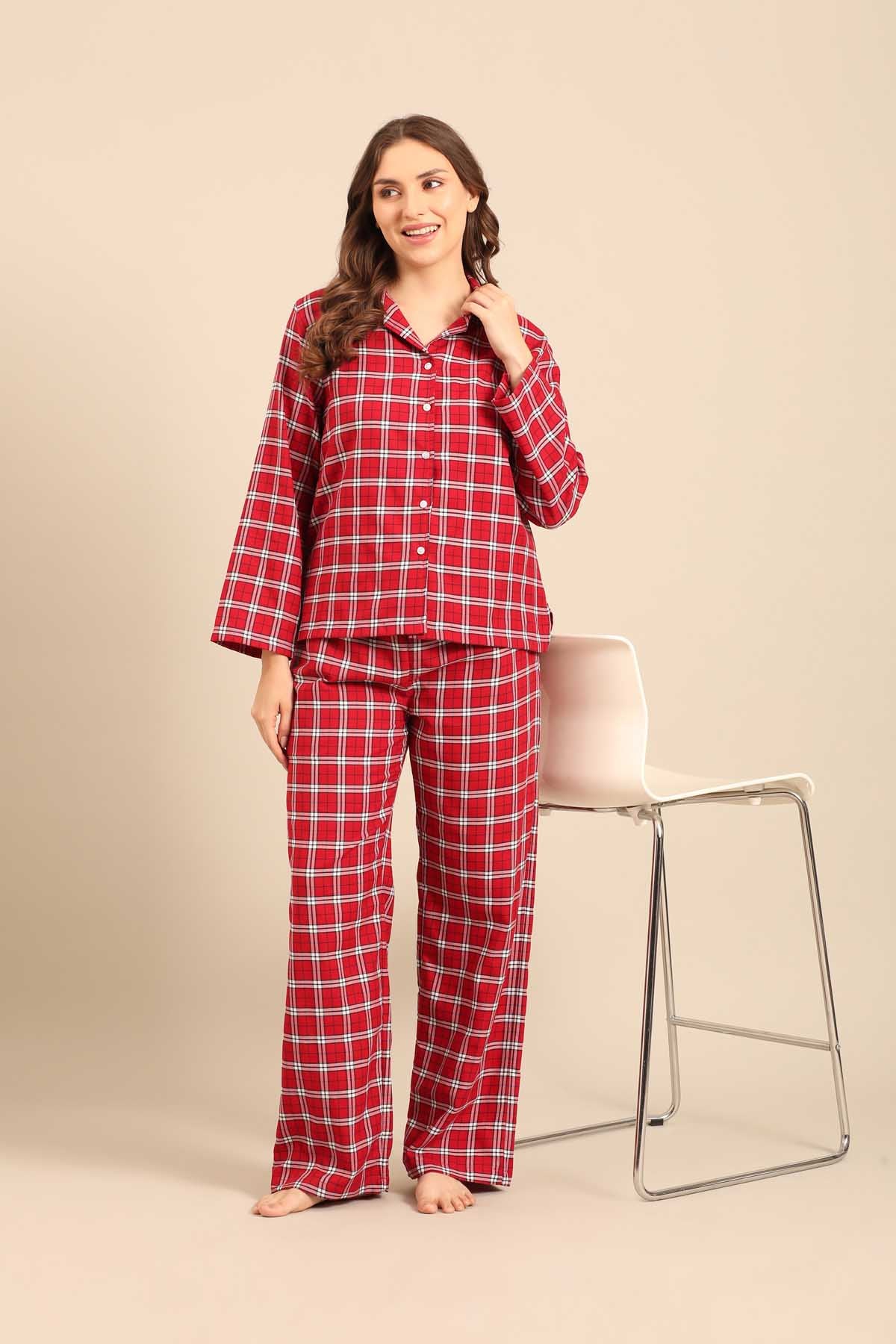 Rosette Check Cotton Twill Women's Pajama Set - Full Sleeves