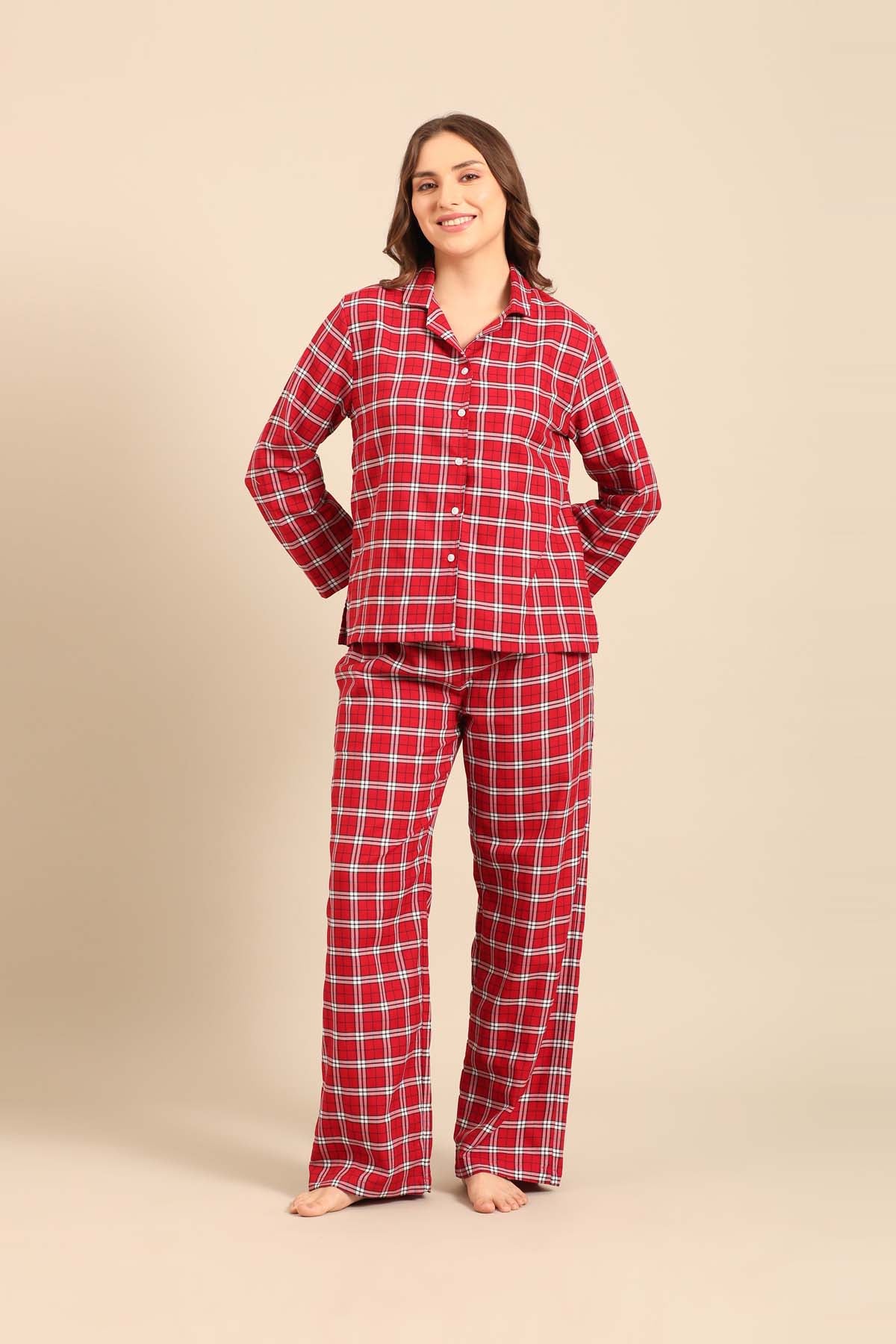 Rosette Check Cotton Twill Women's Pajama Set - Full Sleeves