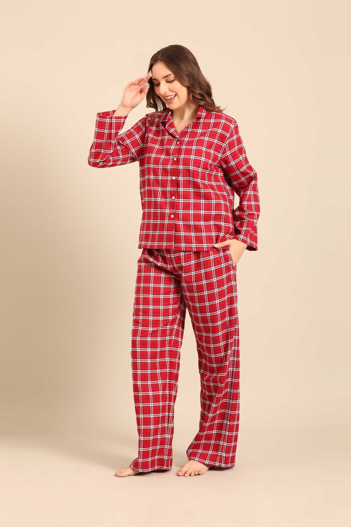 Rosette Check Cotton Twill Women's Pajama Set - Full Sleeves