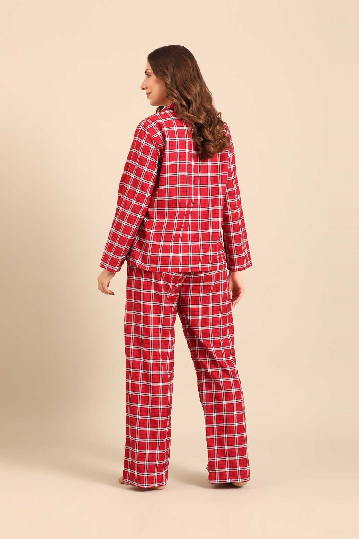 Rosette Check Cotton Twill Women's Pajama Set - Full Sleeves