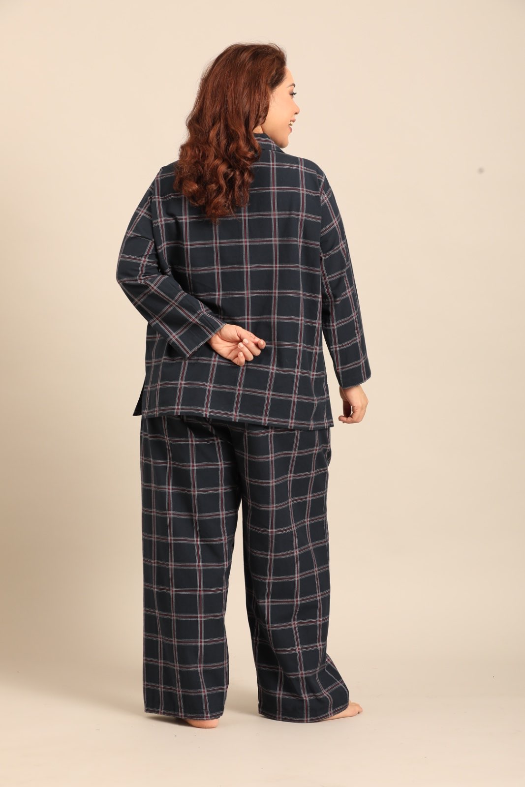 Amelia Check Cotton Blend Women's Curve Pajama Set - Full Sleeves