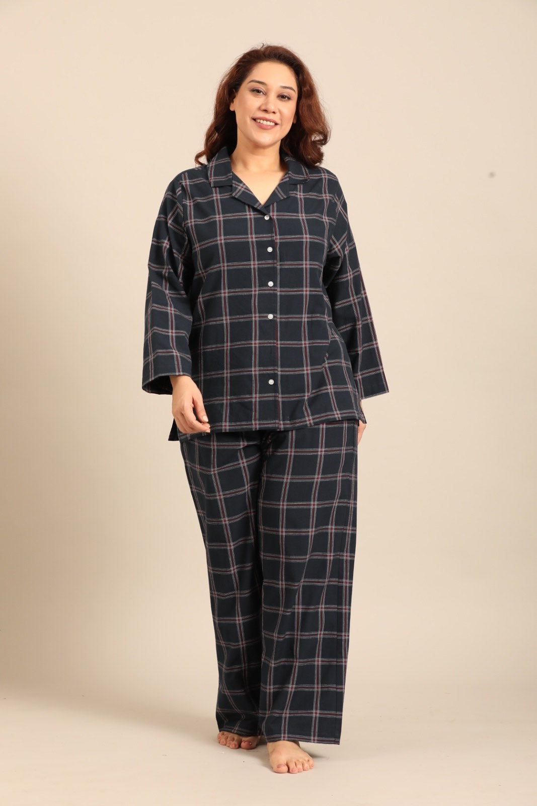 Amelia Check Cotton Blend Women's Curve Pajama Set - Full Sleeves