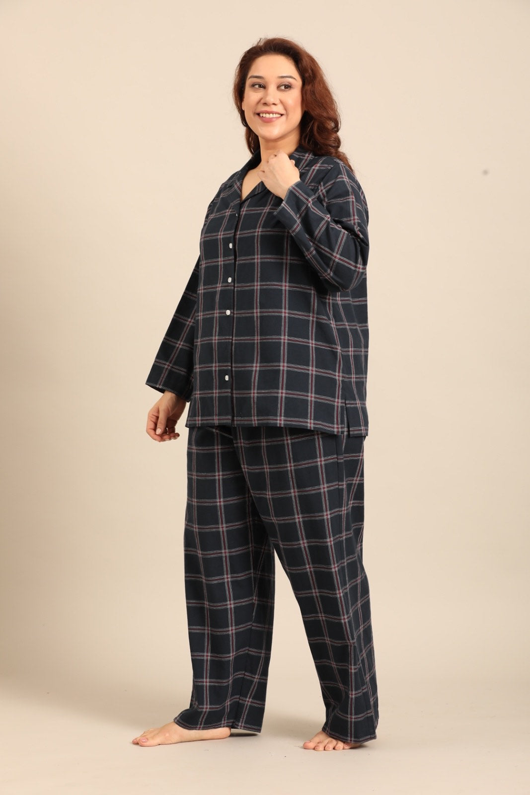Amelia Check Cotton Blend Women's Curve Pajama Set - Full Sleeves