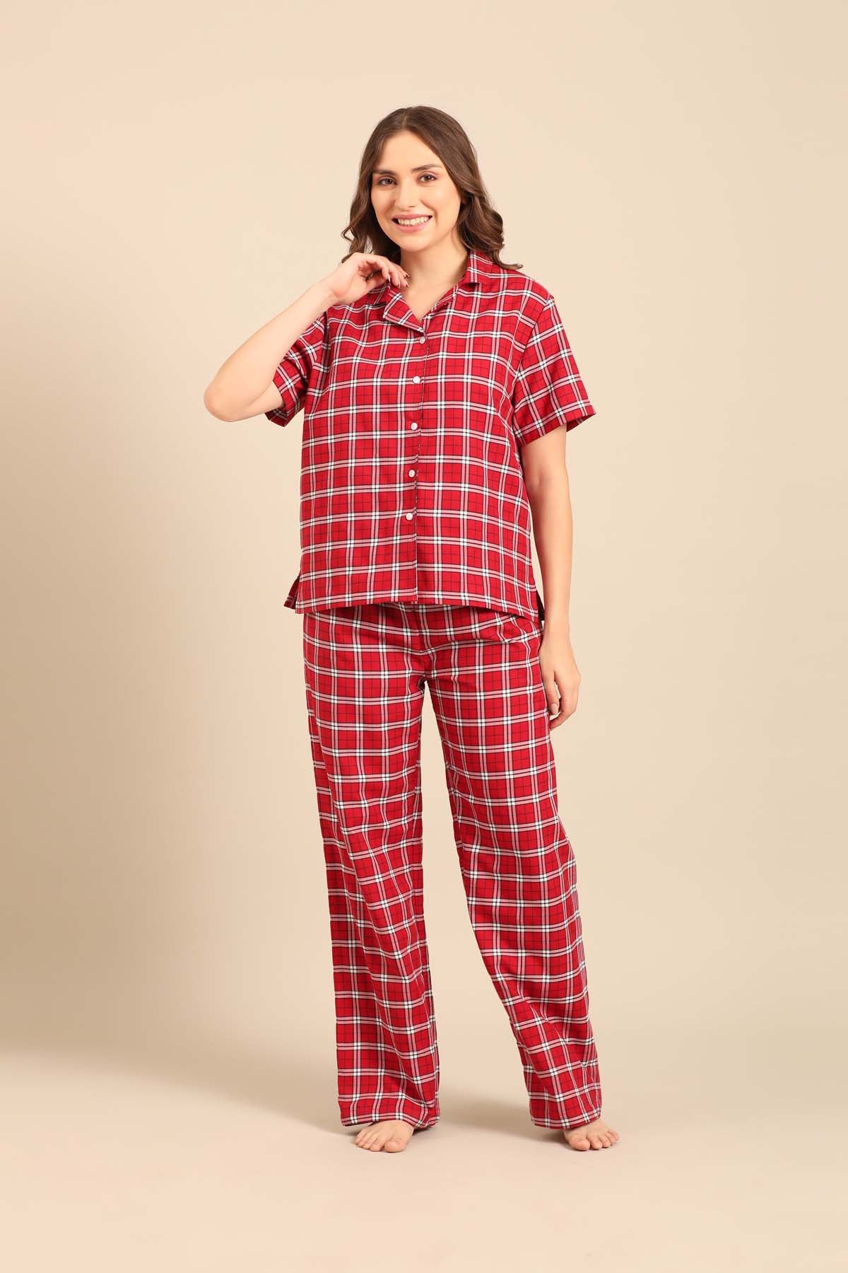 Rosette Check Cotton Twill Women's Pajama Set - Half Sleeves