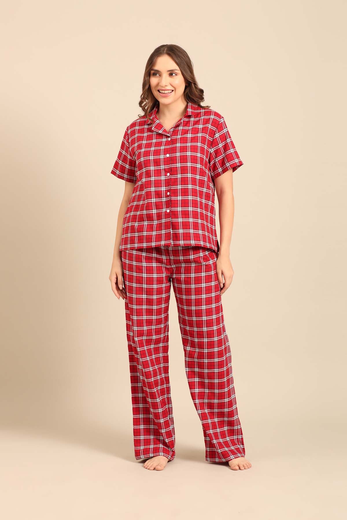 Rosette Check Cotton Twill Women's Pajama Set - Half Sleeves