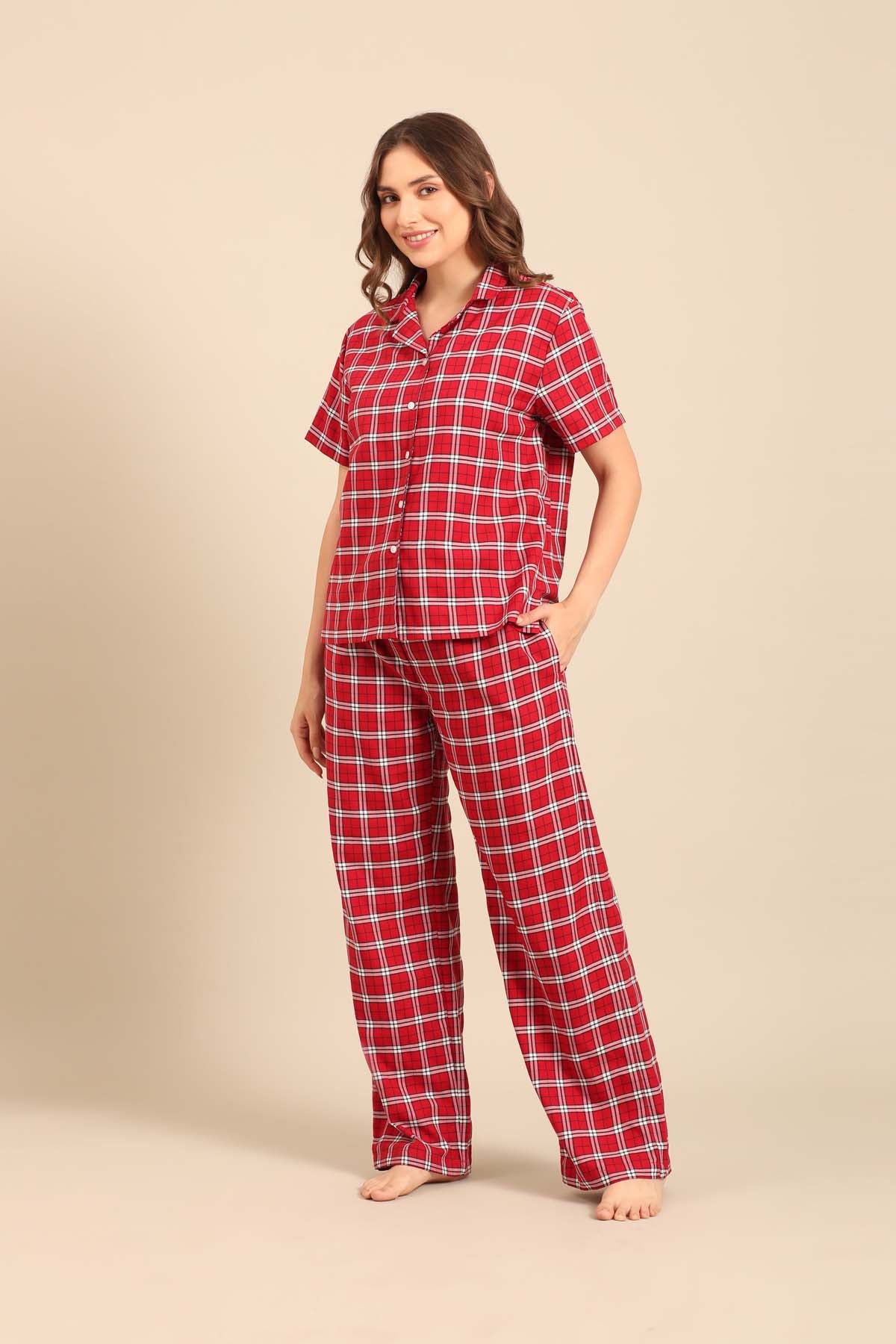 Rosette Check Cotton Twill Women's Pajama Set - Half Sleeves