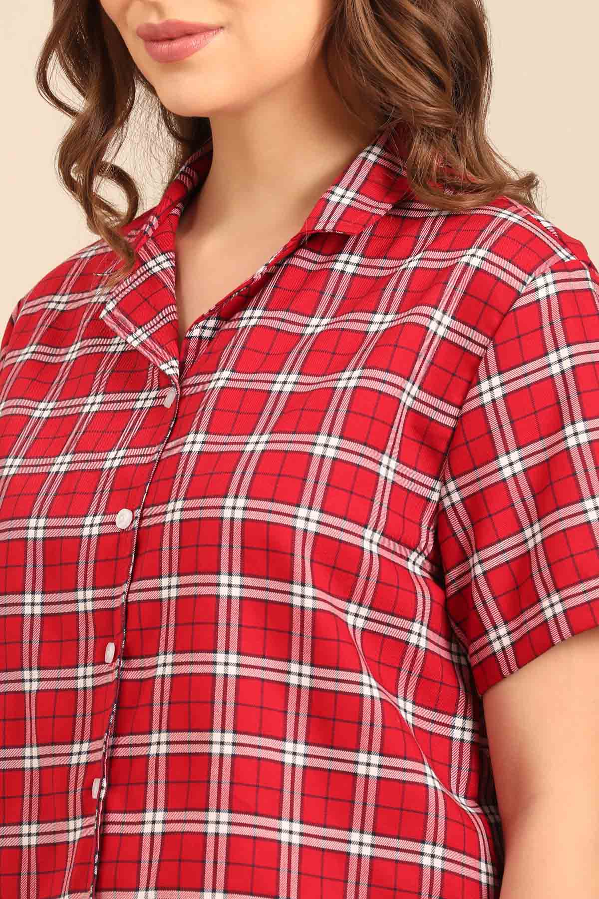 Rosette Check Cotton Twill Women's Pajama Set - Half Sleeves