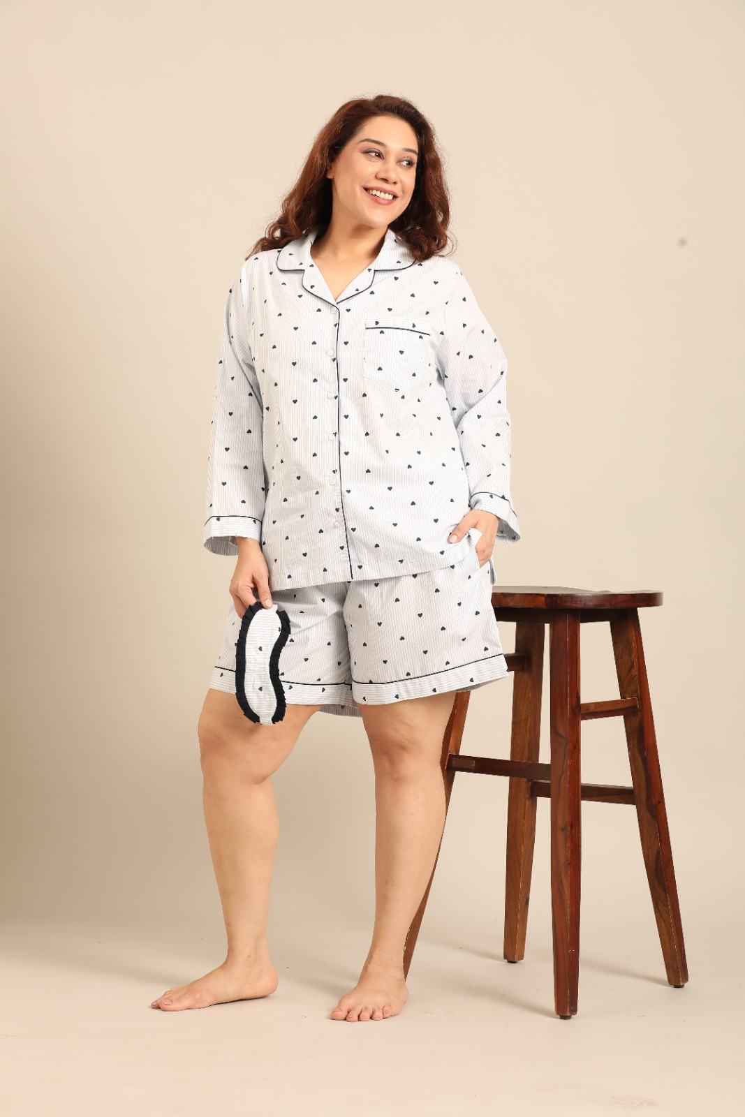 Lizzie Heart Cotton Women's Curve Shorts Set - Full Sleeves