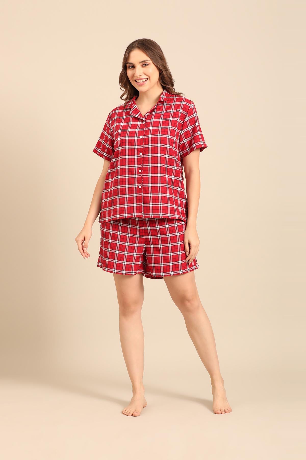 Rosette Check Cotton Twill Women's Shorts Set - Half Sleeves