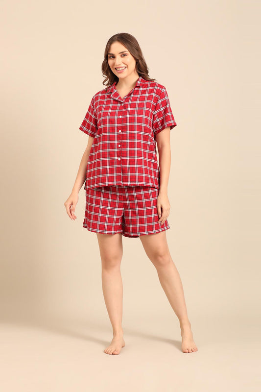 Rosette Check Cotton Twill Women's Shorts Set - Half Sleeves
