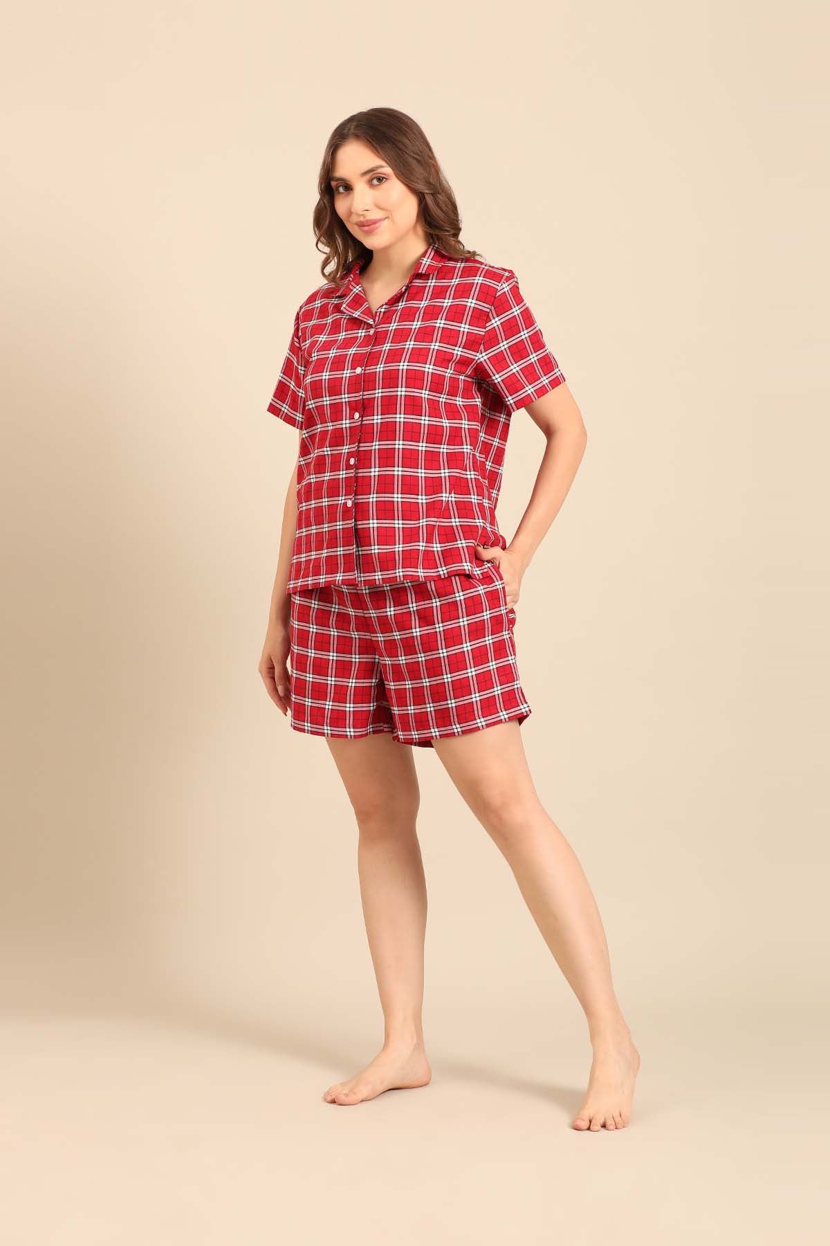 Rosette Check Cotton Twill Women's Shorts Set - Half Sleeves