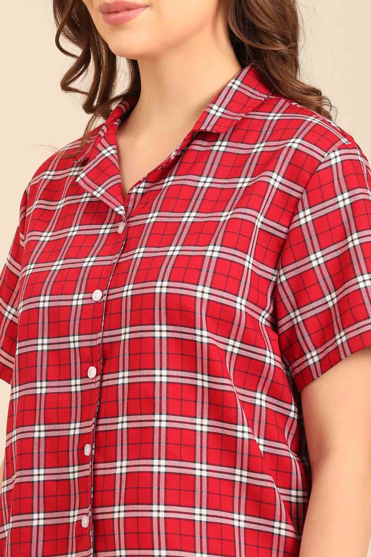 Rosette Check Cotton Twill Women's Shorts Set - Half Sleeves