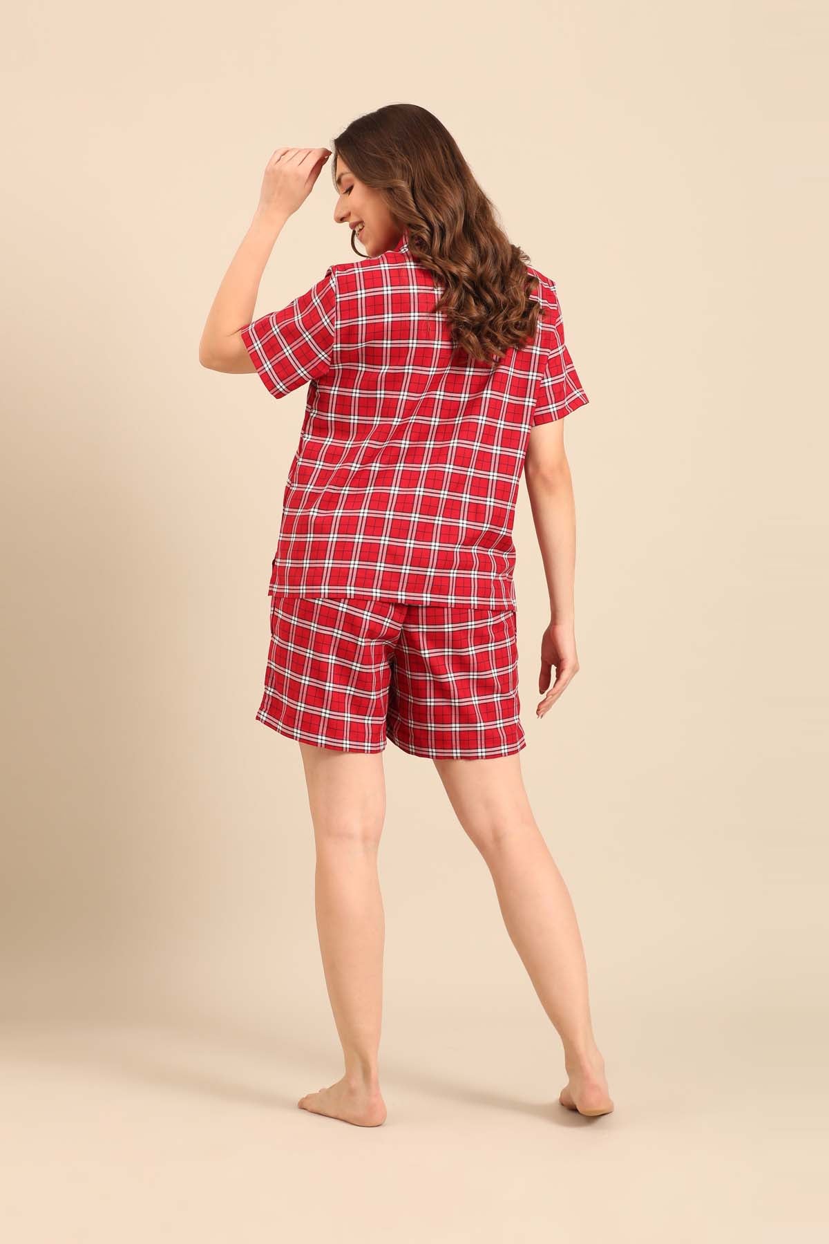 Rosette Check Cotton Twill Women's Shorts Set - Half Sleeves