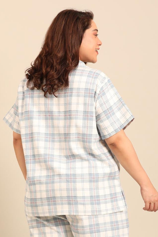 Pastel Blue Check Women's Cotton Shirt - Half Sleeves