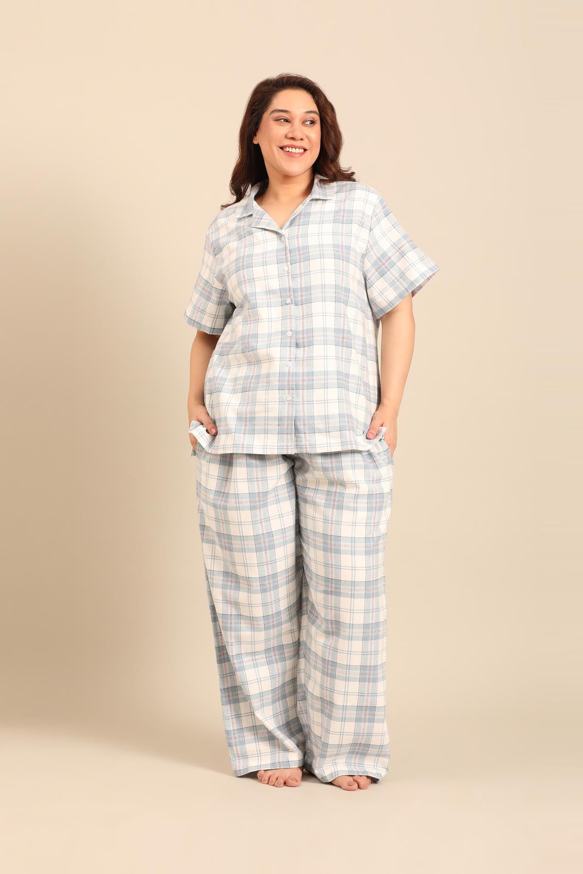 Pastel Blue Check Women's Cotton Shirt - Half Sleeves