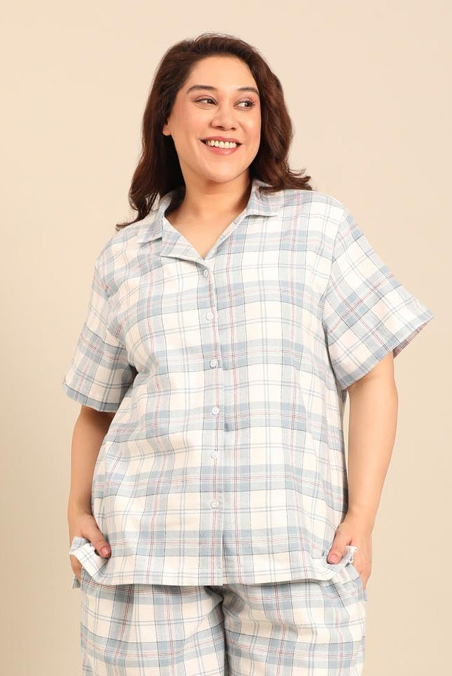 Pastel Blue Check Women's Cotton Shirt Only - Half Sleeves