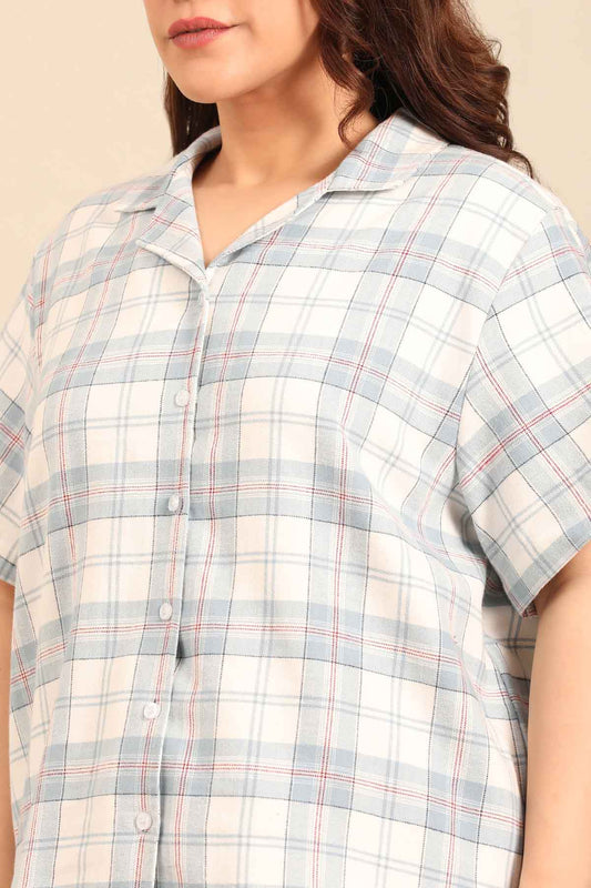 Pastel Blue Check Cotton Women's Curve Pajama Set- Half Sleeves