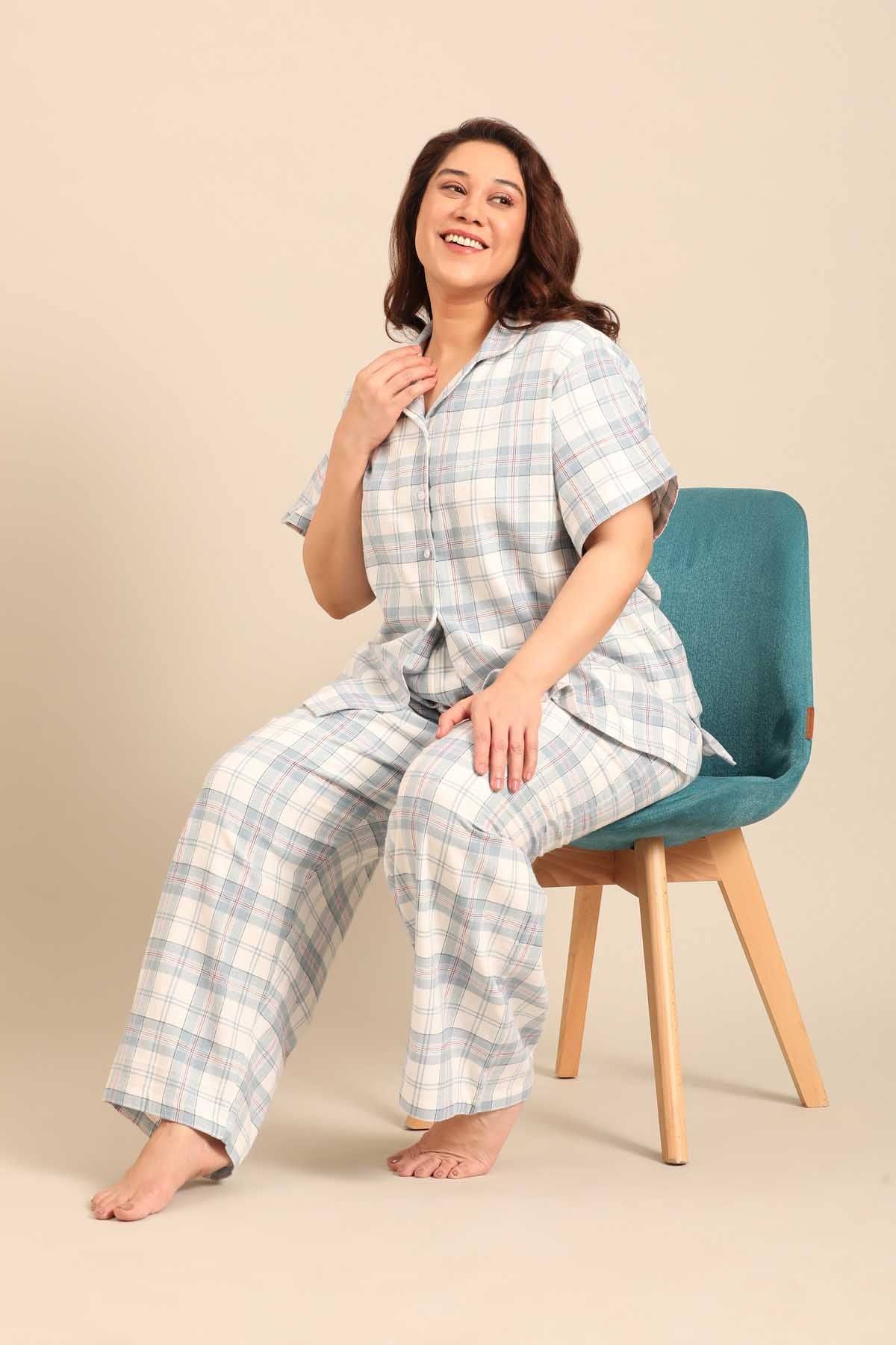 Pastel Blue Check Cotton Women's Curve Pajama Set- Half Sleeves