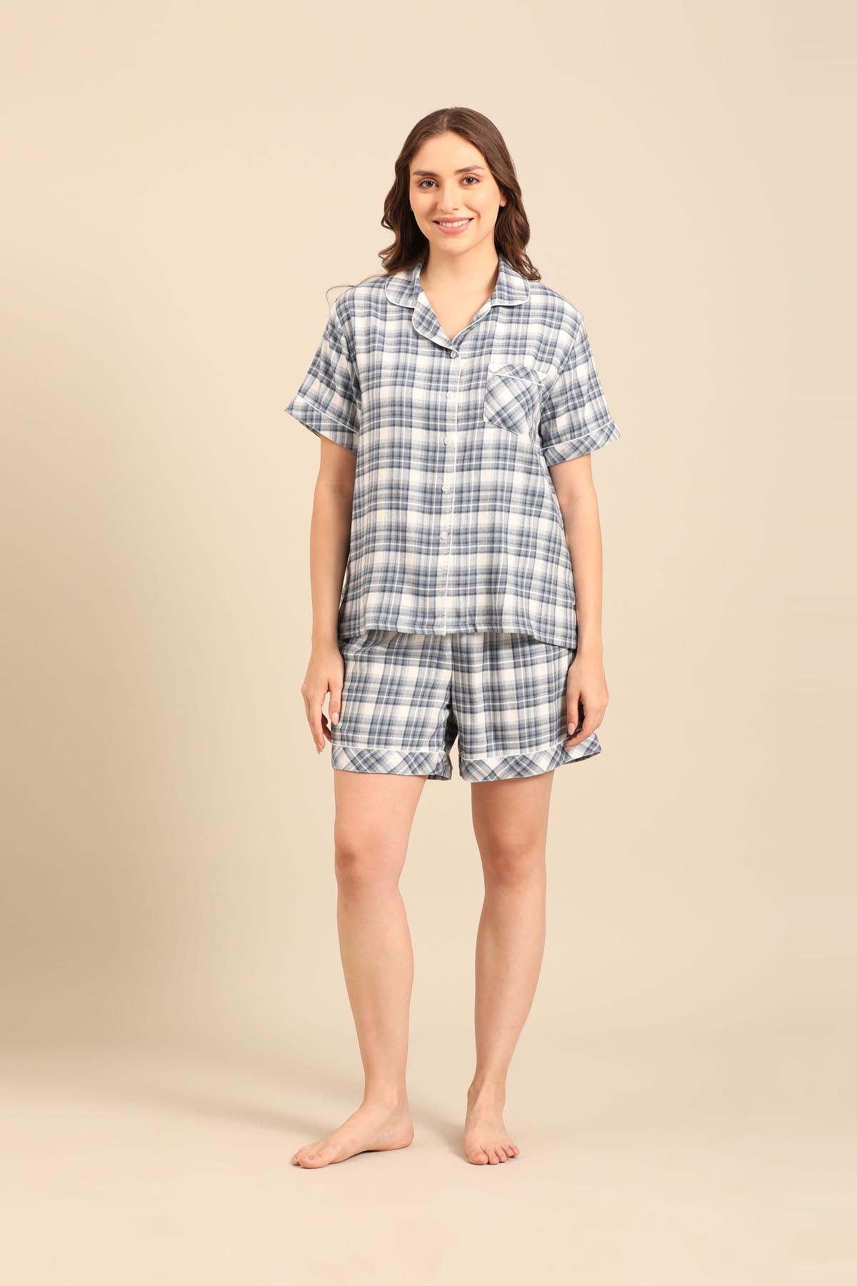 Ivana Check Cotton Twill Women's Shorts Set - Half Sleeves