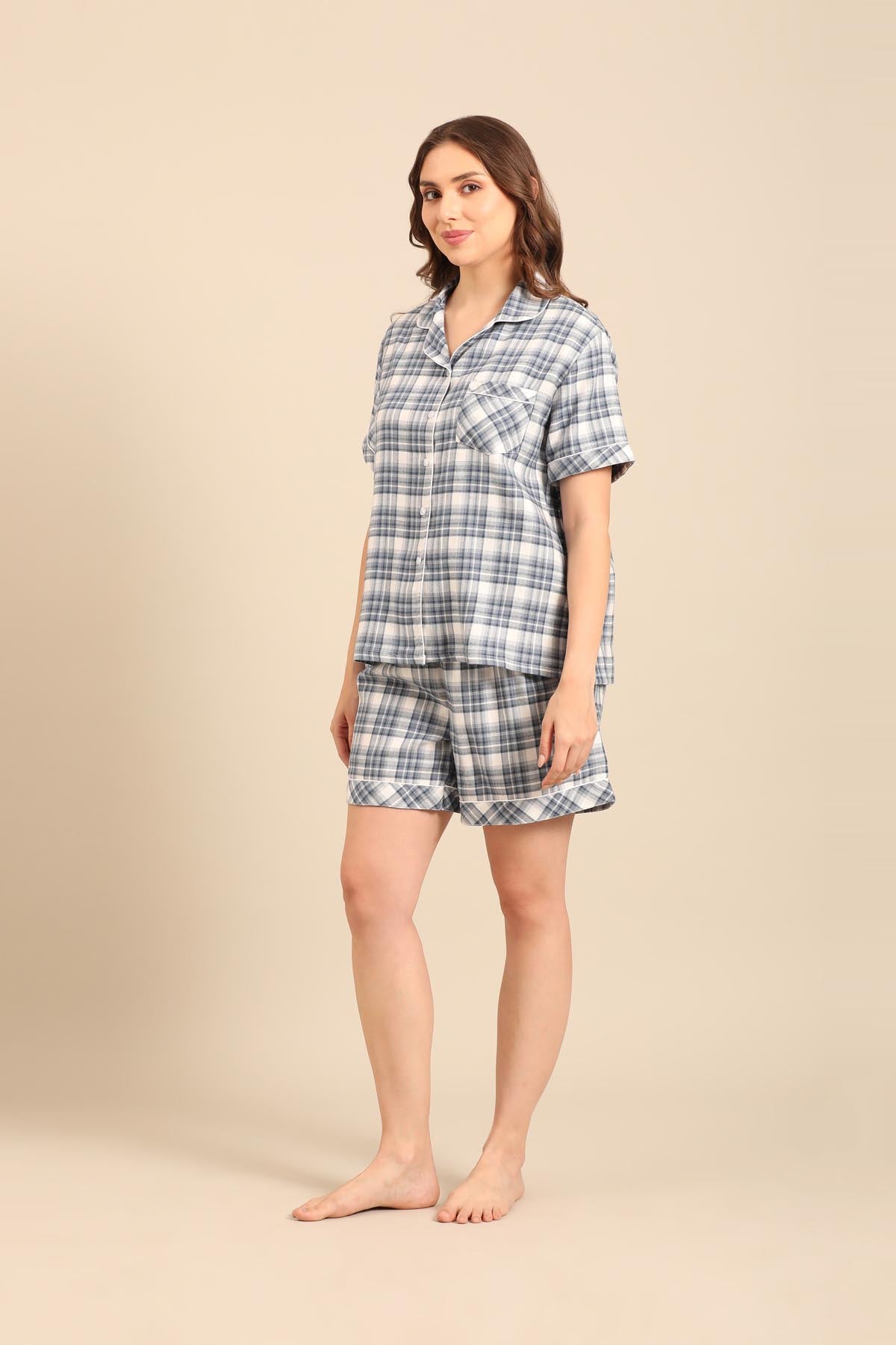 Ivana Check Cotton Twill Women's Shorts Set - Half Sleeves