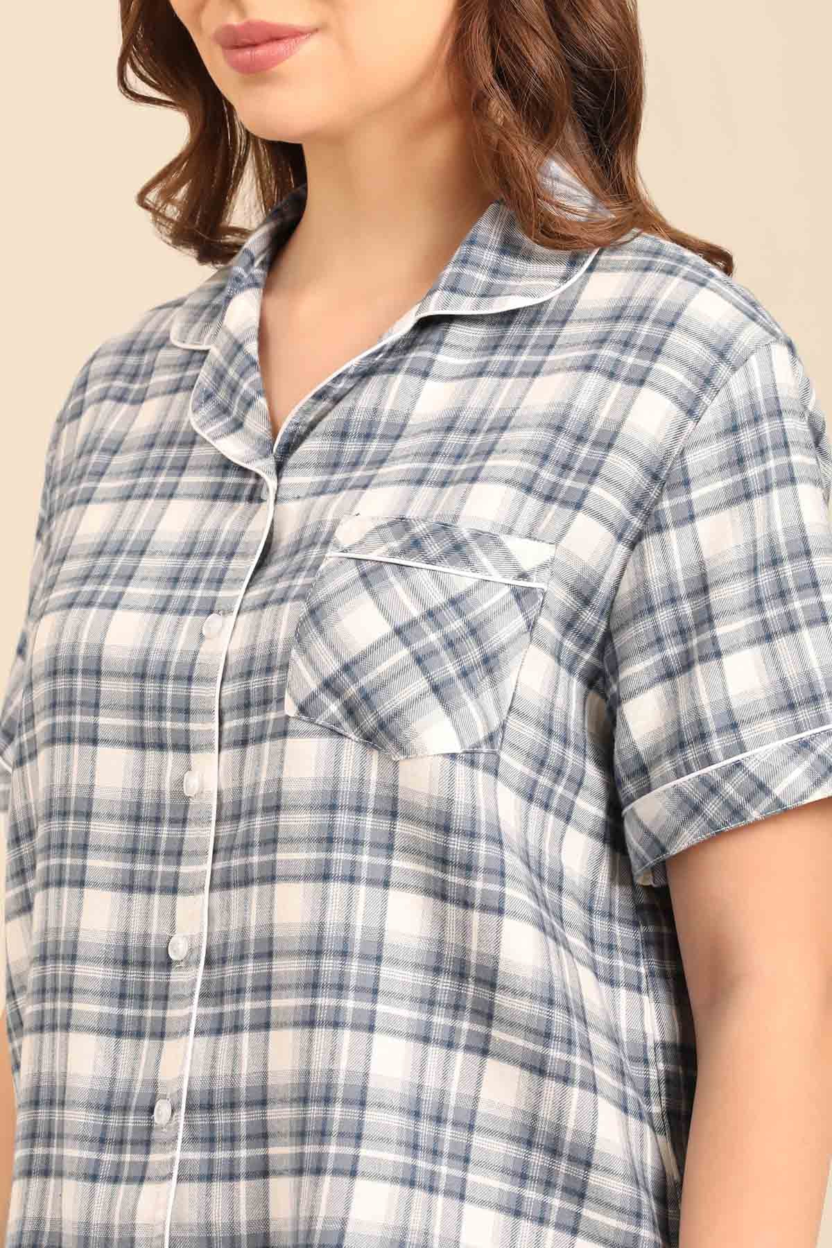 Ivana Check Cotton Twill Women's Shorts Set - Half Sleeves