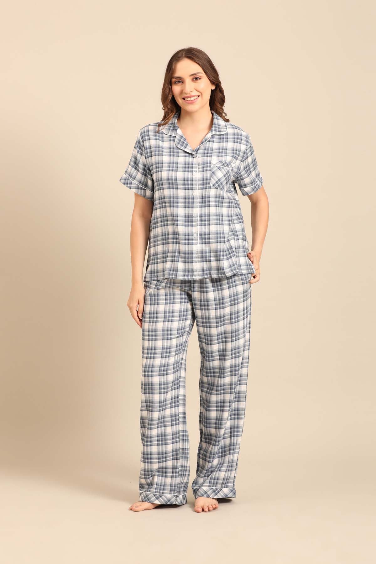 Ivana Check Cotton Twill Women's Pajama Set - Half Sleeves